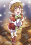  1girl beret boots bow brown_eyes brown_hair dan_(orange_train) from_above hagiwara_yukiho hands_together hat idolmaster mittens open_mouth pantyhose santa_boots short_hair smile solo 