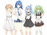  acfun acfun_girl ahoge aqua_hair bare_shoulders bili_bili_douga bili_girl_22 bili_girl_33 blue_hair blush brown_hair bun_cover cu_(fsy84738368) double_bun dress green_dam green_hair hair_bun hair_ribbon hand_holding highres holding_hands long_hair mascot multiple_girls necktie os os-tan personification red_eyes ribbon short_hair simple_background skirt television twintails waving white_background yellow_eyes 