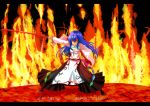  absurdres adapted_costume blue_hair fire hakama highres hinanawi_tenshi japanese_clothes judo_fuu jyudo_fu letterboxed red_eyes solo sword touhou translated translation_request weapon 