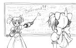  2girls character_request crossover kaname_madoka lyrical_nanoha magical_girl mahou_shoujo_lyrical_nanoha mahou_shoujo_madoka_magica monochrome multiple_girls nigiriushi pointer science sweatdrop takamachi_nanoha teaching truth white_devil whiteboard 