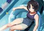  bare_shoulders black_hair blue_eyes blue_swimsuit casual_one-piece_swimsuit from_above hareno_chiame innertube lane_line looking_up one-piece_swimsuit original partially_submerged pool reclining rubber_duck short_hair solo swimsuit water 