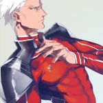  archer collant crossover dark_skin fate/stay_night fate_(series) grey_eyes jewelry lancer lancer_(cosplay) male necklace pauldrons pendant red_clothes sanbonzakura shoulder_pads solo type-moon white_hair 