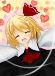  1girl blonde_hair eyes_closed fang highres outstretched_arms rumia short_hair smile solo spread_arms sutoreruka the_embodiment_of_scarlet_devil touhou youkai 