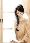  black_hair book closed_eyes eyes_closed glasses highres long_hair original sawasawa solo spot_color 