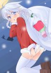  ahoge blue_eyes braid highres izayoi_sakuya nigou_(aozoragarou) panties pantyshot santa_costume silver_hair solo thigh-highs thighhighs touhou twin_braids underwear white_legwear white_panties 