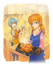  ahoge alternate_hairstyle apron ayanami_rei blue_eyes blue_hair casual chicken_(food) cooking eva_01 food food_on_face gloves hatikou kitchen licking multiple_girls neon_genesis_evangelion orange_hair ponytail red_eyes soryu_asuka_langley souryuu_asuka_langley steam whisk 