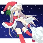  cape christmas ebisuke hat little_busters!! long_hair noumi_kudryavka one-piece_swimsuit sack santa_hat school_swimsuit shawl silver_hair solo swimsuit thigh-highs thighhighs 