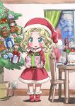  blonde_hair blue_eyes blush chibi christmas christmas_tree domo-kun fuyu_shogun gift haru-chan hat highres holding holding_gift isedaichi_ken konatsu-chan nippon_housou_kyoukai no_nose open_mouth santa_costume santa_hat smile 