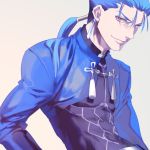  alternate_color archer archer_(cosplay) blue_hair cosplay fate/stay_night fate_(series) jacket lancer male ponytail red_eyes sanbonzakura solo 