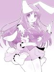 :d animal_ears barefoot blazer bloomers breasts bunny_ears bunny_tail child closed_eyes crescent eyes_closed feet glomp happy hug hug_from_behind inaba_tewi kitsune_choukan long_hair monochrome multiple_girls necktie open_mouth pink reisen_udongein_inaba short_hair smile soles tail toes touhou