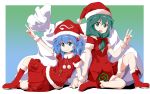  adapted_costume bag blue_eyes blue_hair boots bow dress green_eyes green_hair hair_bobbles hair_bow hair_ornament hair_ribbon hat kagiyama_hina kawashiro_nitori multiple_girls open_mouth pocket pockets red_boots red_dress ribbon sack santa_costume santa_hat shirt sitting skirt skirt_set smile touhou tsurukou_(tksymkw) twintails victory_pose wrist_ribbon wristband 