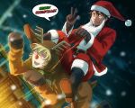  animal_costume bad_id barnaby_brooks_jr bell blonde_hair boots brown_eyes brown_hair christmas facial_hair glasses gloves green_eyes hat kaburagi_t_kotetsu licamen male merry_christmas multiple_boys reindeer_costume reins riding rubber_nose santa_costume santa_hat short_hair sitting sitting_on_person stubble tiger_&amp;_bunny v 