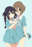  bandage bandages black_hair blue_background braid brown_eyes brown_hair glasses hand_holding hirasawa_yui holding_hands k-on! k-on!_movie kitano_yuusuke long_hair looking_at_viewer mouth_hold multiple_girls nakano_azusa no_pants red-framed_glasses red_frame_glasses school_uniform short_hair singing! twin_braids twintails 