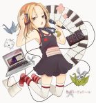  amri bad_id beads blonde_hair computer footwear headphones instrument jewelry keyboard_(instrument) kyouyama_anna laptop microphone necklace open_mouth origami paper_crane prayer_beads shaman_king socks solo synthesizer thigh-highs thighhighs 