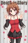  belt brown_eyes brown_hair choker collar death_devil detached_sleeves double_v english facepaint grin highres hirasawa_yui k-on! messy_hair miyai_max pantyhose skirt smile solo spiked_collar spikes torn_pantyhose v 