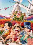  1girl 4boys arm_hug basket black_hair boots brothers bush closed_eyes dutch_angle eyes_closed finger_to_mouth flower freckles goggles hat ladybug makino makino_(one_piece) monkey_d_garp monkey_d_luffy multiple_boys old_man one_knee one_piece open_mouth pipe portgas_d_ace sabo_(one_piece) sandals scar siblings sitting smile squatting straw_hat t-shirt tongue top_hat white_hair windmill wooden_fence young 