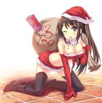  all_fours black_hair black_legwear blue_eyes blush boots breasts candy_cane christmas cleavage elbow_gloves front-tie_top gift gloves hat long_hair merry_christmas mouth_hold navel original pcmaniac88 red_gloves sack santa_costume santa_hat skirt smile solo thigh-highs thighhighs wink 