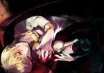  blonde_hair bottle bracelet casual fate/stay_night fate/zero fate_(series) gilgamesh jewelry lying male mugicha_(zsh1) necklace red_eyes short_hair spill wine 