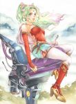  bare_shoulders boots earrings elbow_gloves final_fantasy final_fantasy_vi gloves green_eyes green_hair jewelry lips marker_(medium) necklace pantyhose ponytail ring slinkyui smile solo tina_branford traditional_media watercolor_(medium) wavy_hair 