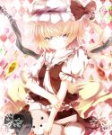  :t artist_request ascot blonde_hair dress flandre_scarlet hat hat_ribbon highres midriff pink_eyes pout red_eyes ribbon shirt side_ponytail skirt solo stuffed_animal stuffed_toy teddy_bear touhou umagenzin wings 