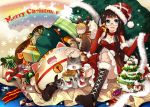  1girl :d animal animal_costume aqua_eyes argyle bell blonde_hair boots bow brown_hair candy_cane cat cat_food choker christmas christmas_tree elbow_gloves food glasses gloves green_eyes hat holding lc_hi_ji long_hair looking_at_viewer merry_christmas open_mouth original rainbow red_gloves reindeer_costume sack saiyki santa_hat sitting smile snow snowman star stars 