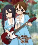  alternate_hairstyle bespectacled black_hair bound_wrists braid brown_eyes brown_hair dress glasses guitar hands_clasped hands_together hirasawa_yui instrument interlocked_fingers k-on! k-on!_movie long_hair multiple_girls nakano_azusa ragho_no_erika short_hair singing! translated translation_request twin_braids 