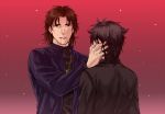  black_hair blood blood_on_face brown_eyes brown_hair cross derivative_work emiya_kiritsugu fate/stay_night fate/zero fate_(series) hand_on_another&#039;s_face hand_on_another's_face kotomine_kirei male mullet multiple_boys parody red_background time_paradox xxoobattle 