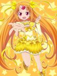  boots bow brooch bubble_skirt choker circlet cure_muse cure_muse_(yellow) dress frills hair_ribbon heart highres jewelry long_hair magical_girl orange_background orange_hair outstretched_hand pikuharu precure red_eyes ribbon shirabe_ako smile solo star starry_background suite_precure yellow yellow_dress 