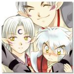  age_difference animal_ears blush brothers closed_eyes eyes_closed facial_mark family father_and_son hattori_min hug inu-no-taishou inu_no_taishou inuyasha inuyasha_(character) looking_away lowres male multiple_boys sesshoumaru siblings smile white_hair yellow_eyes young 