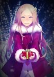  coat flower gift guilty_crown hair_flower hair_ornament highres holding holding_gift long_hair ouma_mana outstretched_arms pink_hair purple_eyes redjuice smile solo violet_eyes 