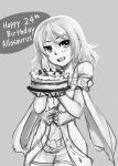  armlet cake copyright_request corset food happy_birthday highres holding monochrome pas_(paxiti) short_hair shorts simple_background solo text 