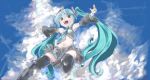  aqua_hair armpits black_legwear cloud crop_top detached_sleeves green_eyes hatsune_miku long_hair midriff navel necktie oekaki open_mouth outstretched_arms shift_(0808) skirt sky smile solo spread_arms thigh-highs thighhighs twintails very_long_hair vocaloid zettai_ryouiki 