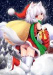  absurdres alternate_costume animal_ears ass bare_shoulders blush boots christmas detached_sleeves fang hat highres inubashiri_momiji langlong ookami_ryuu open_mouth panties pantsu red_eyes rooftop sack santa_costume santa_hat short_hair silver_hair smile snow solo striped striped_panties tail thighhighs touhou underwear white_hair white_legwear wolf_ears wolf_tail 