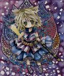  1girl brown_hair dress green_eyes headphones millipen_(medium) niko_(2ars) ritual_baton scabbard sheath short_hair solo touhou toyosatomimi_no_miko traditional_media watercolor_(medium) 