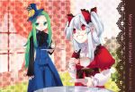  :d adapted_costume alternate_hairstyle bow coattails colored_eyelashes cup frills green_eyes green_hair hair_bow hat long_hair mima multiple_girls narumi_yuka open_mouth pants ponytail red_eyes shinki smile teacup touhou touhou_(pc-98) tray twintails white_hair 