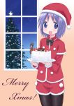  cake christmas christmas_tree food hiiragi_tsukasa isou_nagi izumi_konata lucky_star minigirl pantyhose purple_hair santa_costume short_hair shorts window 