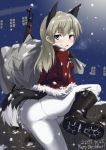  animal_ears bag belt blue_eyes boots bullet bullet_hole christmas dated eila_ilmatar_juutilainen fox_ears from_behind grey_hair gun long_hair looking_back merry_christmas ogitsune_(ankakecya-han) open_mouth over_shoulder pantyhose rifle snow solo strike_witches tail weapon white_legwear 
