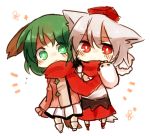  animal_ears bad_id blush chibi green_eyes green_hair hat inubashiri_momiji kasodani_kyouko kiilowolf lowres multiple_girls red_eyes scarf shared_scarf shirt silver_hair skirt smile tail touhou wolf_ears wolf_tail 