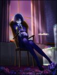  another_(novel) asato-sagamihara blue_rose chair doll eyepatch flower misaki_mei pantyhose purple_rose red_eyes red_rose room rose solo title_drop window 