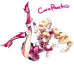  \m/ boots character_name cure_peach drill_hair fresh_precure! high_heels momozono_love nakagawa_besu precure shoes twintails white_background wink 