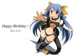  :d asymmetrical_wings bare_shoulders blue_hair blush bow breasts dizzy guilty_gear hair_bow happy_birthday highres long_hair mirano navel open_mouth red_eyes ribbon smile solo tail tail_ribbon twintails under_boob underboob wings 