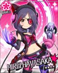  1girl character_name collar eyepatch flower flower_(symbol) hayasaka_mirei idolmaster idolmaster_cinderella_girls microphone microphone_stand mismatched_legwear official_art pantyhose pink_background purple_hair 