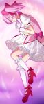  bubble_skirt closed_eyes eyes_closed frills gloves high_heels highres kaname_madoka long_image magical_girl mahou_shoujo_madoka_magica neck_ribbon parody pink_background pink_hair ribbon shoes short_hair solo sorairo_days tall_image tengen_toppa_gurren_lagann white_gloves zeroemon 