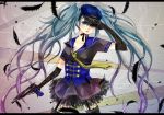  aqua_eyes aqua_hair elbow_gloves em_(bycle) feathers garter_straps gloves gun handgun hat hatsune_miku lace_gloves letterboxed long_hair pistol school_uniform serafuku skirt solo thigh-highs thighhighs twintails very_long_hair vocaloid weapon 