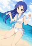  beach bikini blue_hair brown_eyes himegami idolmaster kisaragi_chihaya long_hair sailor_collar sailor_swimsuit_(idolmaster) swimsuit 