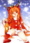  alternate_costume bad_id beer bell blush boots bottle bow christmas gyuunyuu_tamago hair_bow horns ibuki_suika open_mouth orange_hair panties pantyshot pantyshot_(sitting) pantyshot_sitting red_eyes santa_costume sitting smile solo touhou underwear 