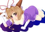  blush breasts brown_hair cleavage cosplay dress elbow_gloves gloves hat horns ibuki_suika long_hair masiroke open_mouth purple_dress purple_eyes solo touhou violet_eyes white yakumo_yukari yakumo_yukari_(cosplay) yoye_(pastel_white) 