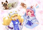  ! 2girls ? animal_ears blonde_hair breasts cat dress felyne fox_ears fox_tail ghost hat japanese_clothes monster_hunter multiple_girls multiple_tails open_mouth para_(dachsaria) pink_eyes pink_hair saigyouji_yuyuko short_hair smile tail ticket touhou triangular_headpiece yakumo_ran yellow_eyes 