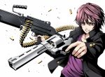  ammunition_belt brown_hair cartridge casing_ejection dual_wielding gangsta_hold grin gun looking_at_viewer m249 machine_gun male original red_eyes revolver shell_casing short_hair simple_background smile solo takemori_shintarou weapon white_background 