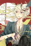  blonde_hair fox_mask iris_(riba) ivan_karelin japanese_clothes katana kimono male mask purple_eyes short_hair smoke solo string sword tiger_&amp;_bunny violet_eyes weapon 